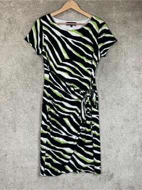Jones New York Dress Womens Medium Green Black Animal Print Stretch- 4772